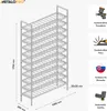 A technical illustration of a multi-tiered metal shelving unit with dimensions indicated, accompanied by feature icons and text. Náhľad obrázku produktu