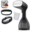 A collection of items related to a portable garment steamer, including the steamer itself, a water cup, and two brush attachments, presented on a white background. Produktbild-Vorschau
