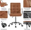 A collage of images showcasing a brown faux leather office chair with chrome accents, highlighting its features like armrests, tufted seat, wheels, and adjustment lever. Produktbild-Vorschau