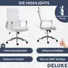 Two views of a white office chair with chrome accents, presented with marketing text and icons highlighting its features. Produktbild-Vorschau