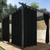 Outdoor curtains hanging from a pergola on a wooden deck. Náhľad obrázku produktu