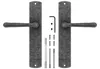 A pair of door handles and their accompanying hardware are laid out on a white background. Produktbild-Vorschau