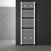 A white towel radiator is shown in a modern bathroom setting with dark tiled walls and a grey tiled floor. Produktbild-Vorschau