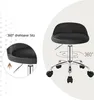 A split image showing a dark gray office stool with wheels. The left side shows a close-up of the stool's seat and adjustment lever, with an arrow indicating upward movement. The right side shows the full stool with circular arrows indicating 360-degree ro Produktbild-Vorschau