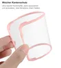 A hand is holding a flexible, clear phone case with a pink border, demonstrating its flexibility. Produktbild-Vorschau
