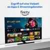 A television screen displaying a Fire TV interface with various app logos and movie posters. Produktbild-Vorschau