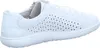 A white leather sneaker with perforated detailing is shown from the side. Voir les images du produit