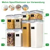 A collage of clear plastic food storage containers of various sizes filled with different food items like pasta, oats, marshmallows, crackers, cereal, sugar, spaghetti, and flour. The containers are arranged in a stepped pattern, with dimensions and capaci Produktbild-Vorschau