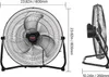 Two views of a black industrial floor fan with dimensions indicated. Voir les images du produit
