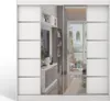 A white sliding door wardrobe with mirrored doors, reflecting a room with a TV and balcony. Produktbild-Vorschau