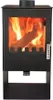 A black wood-burning stove with a fire burning inside. Náhľad obrázku produktu