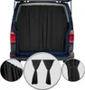 The rear of a dark blue van with the tailgate open, showing black curtains installed inside. There are also inset images showing a close-up of the curtain fabric and a diagram of two curtains tied back. Anteprima dell’immagine prodotto