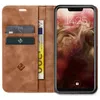 A brown leather flip case for a smartphone, open to show the phone screen and card slots. Produktbild-Vorschau