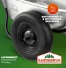 A close-up of a wheelbarrow wheel with marketing text and logos. Produktbild-Vorschau