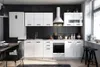 A modern, white kitchen with black accents, featuring a dining table and chairs in the foreground. Produktbild-Vorschau