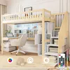 A loft bed with a desk, shelves, and storage stairs, set up in a room. Náhled obrázku produktu