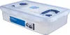 A clear, well-lit studio shot of a transparent food storage container with blue handles and latches, set against a white background. Produktbild-Vorschau