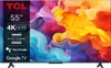 A TCL 55-inch 4K HDR Google TV is displayed with various feature callouts. Produktbild-Vorschau