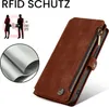 A brown leather wallet-style phone case with a zipper is shown, with inset graphics illustrating RFID protection and a close-up of the protective material. Produktbild-Vorschau