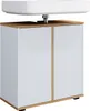 A white and wood bathroom vanity with two doors, shown from a front-side angle against a white background. Produktbild-Vorschau