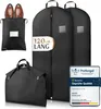 A collage of black garment bags and a shoe bag with brown dress shoes, along with a certification badge. Produktbild-Vorschau