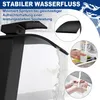 A black waterfall faucet is shown with water flowing, and inset images demonstrate its use in filling a glass and washing hands. Produktbild-Vorschau
