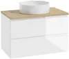A white modern bathroom vanity with a wooden top and a white vessel sink. Náhled obrázku produktu
