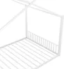 A white metal canopy bed frame with a slatted base and a railing on one side, shown from a low angle. Produktbild-Vorschau