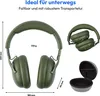 A collage of images showing a pair of green over-ear headphones, including a folded view and a carrying case, with dimensions and weight indicated. Produktbild-Vorschau