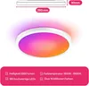 A circular LED ceiling light with a gradient of colors, shown with dimensions and feature callouts. Produktbild-Vorschau