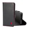 A black leather phone case with red stitching and a red bull logo, shown open with a phone inside. Anteprima dell’immagine prodotto