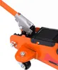 A close-up view of the mechanism and wheel of an orange hydraulic car jack. Voir les images du produit