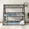 A metal triple bunk bed with blue and white bedding in a bedroom setting. Podgląd zdjęcia produktu