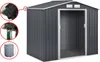 A dark gray metal garden shed with a white trim and a silver door frame. Inset circles on the left show close-ups of a gutter system, a hose connected to the gutter, and a water butt. The shed is shown from a slightly angled front view. Produktbild-Vorschau