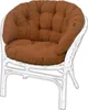 A white rattan chair with a brown cushion. Produktbild-Vorschau
