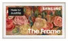 A Samsung "The Frame" TV displaying a floral painting with marketing text. Produktbild-Vorschau