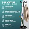 A coat rack with a marble base, displaying its features with text overlays. Produktbild-Vorschau