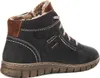 A side view of a black leather boot with brown accents and faux fur lining. Voir les images du produit