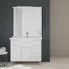 A white bathroom vanity with a sink, mirror, and cabinet is shown against a dark gray and gray wall. Anteprima dell’immagine prodotto