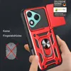 A hand is holding a red smartphone case with a ring holder and a sliding camera cover. Produktbild-Vorschau