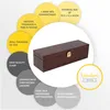 A dark brown wooden wine box is presented with various descriptive bubbles around it, highlighting its features and benefits. Produktbild-Vorschau