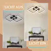 A split image showing a modern ceiling light fixture in two states: 'light off' and 'light on', with a decorative console table and artwork in the background. Produktbild-Vorschau