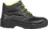 A black work boot with green laces and lining, shown from the side against a white background. Produktbild-Vorschau