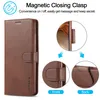 A product image showcasing a brown leather phone case with magnetic closure, featuring close-up views of the clasp mechanism and text describing its features. Produktbild-Vorschau