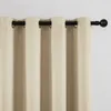 A close-up view of beige curtains hanging from a black curtain rod. Produktbild-Vorschau