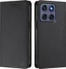 A black leather flip wallet case for a smartphone, shown from both the front and back. Produktbild-Vorschau