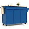 A blue kitchen island with a wooden top, shown from the side. Voir les images du produit