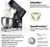 A black stand mixer with a silver bowl is shown along with diagrams and text describing its features. Náhľad obrázku produktu