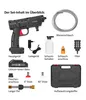 A collection of items that make up a pressure cleaner set, laid out on a white background with labels in German. Produktbild-Vorschau