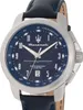 A close-up shot of a Maserati watch with a blue dial and a leather strap. Produktbild-Vorschau